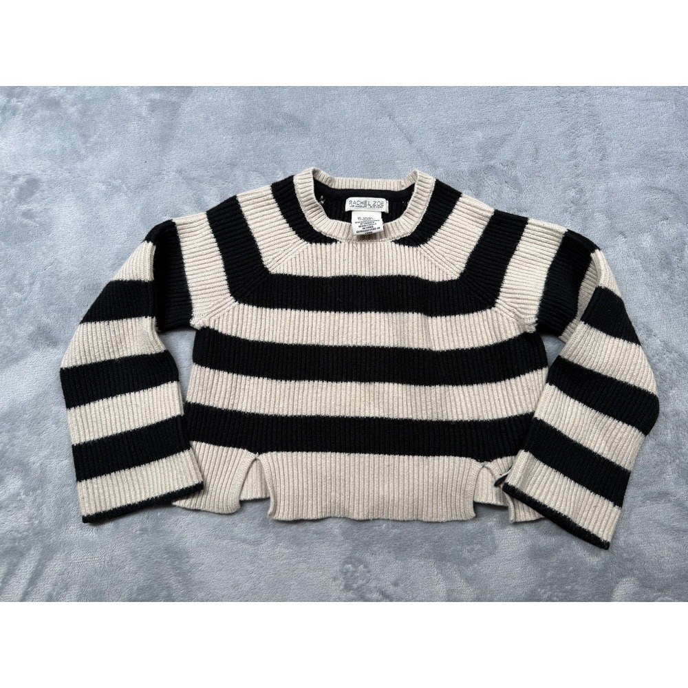 Rachel Zoe Cropped Sweater Girls S (5/6) Black Beige Striped Viscose Ribbed Knit